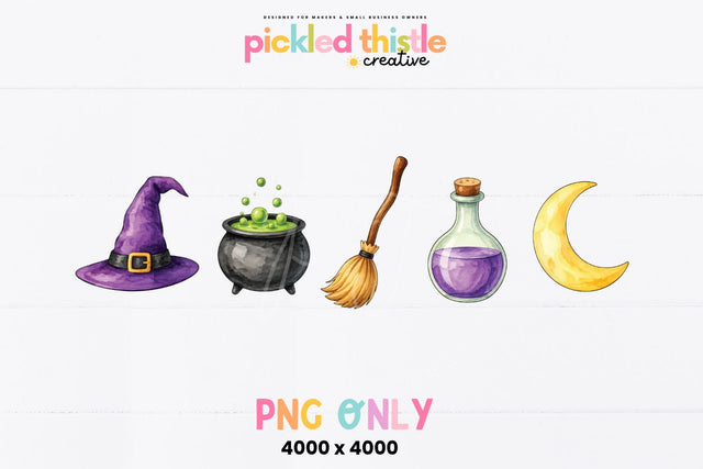 Watercolor Witch PNG, Halloween Witch Graphic With Cauldron Broom Sublimation Pickled Thistle Creative 