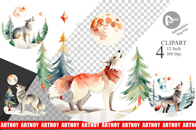 Watercolor Wolf Howling at Christmas Moon Clipart Sublimation artnoy 