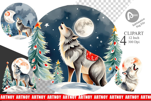 Watercolor Wolf Howling at Christmas Moon Clipart Sublimation artnoy 