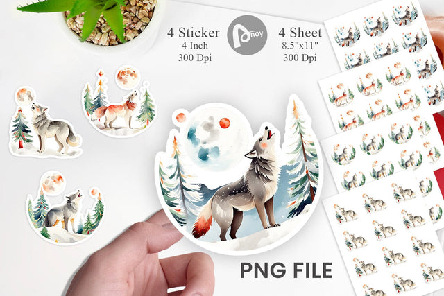 Watercolor Wolf Howling at Christmas Moon Sticker Sublimation artnoy 