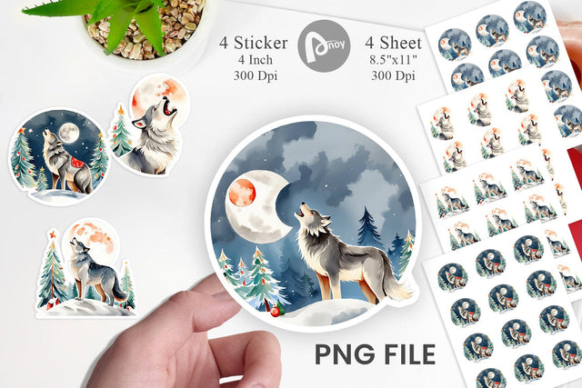 Watercolor Wolf Howling at Christmas Moon Sticker Sublimation artnoy 