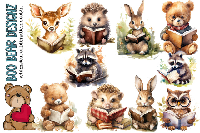 Watercolor Woodland Bookworm Critter clipart SVG Boo Bear Designz 