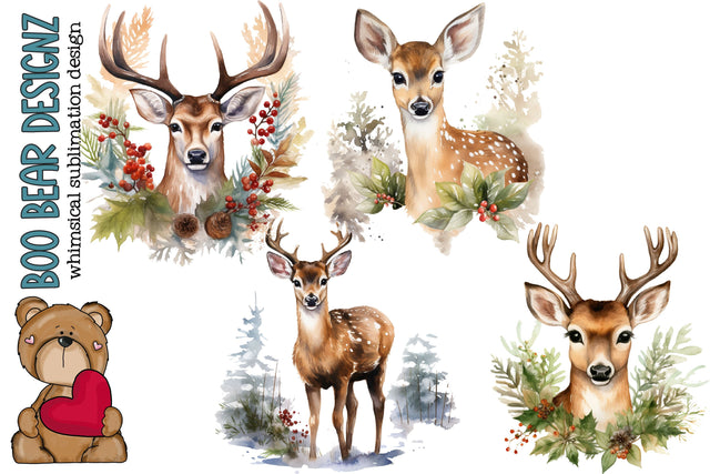 Watercolor Woodland Christmas Deer Clipart Sublimation Boo Bear Designz 