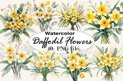 Watercolor Yellow Daffodil Flower Clipart PNG Bundle Sublimation SVGArt 