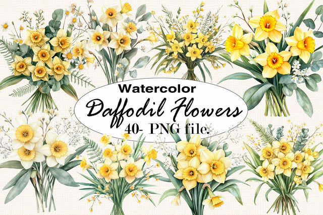 Watercolor Yellow Daffodil Flower Clipart PNG Bundle Sublimation SVGArt 