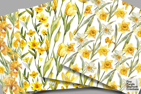 Watercolor Yellow Flowers Digital Paper | Delicate Digital Pattern Fine Purple Elephant Creations 