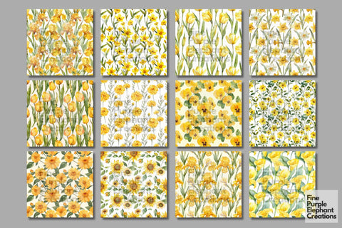 Watercolor Yellow Flowers Digital Paper | Delicate Digital Pattern Fine Purple Elephant Creations 