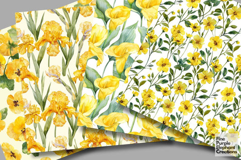 Watercolor Yellow Flowers Digital Paper | Delicate Digital Pattern Fine Purple Elephant Creations 