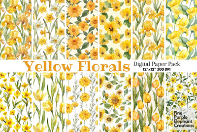 Watercolor Yellow Flowers Digital Paper | Delicate Digital Pattern Fine Purple Elephant Creations 