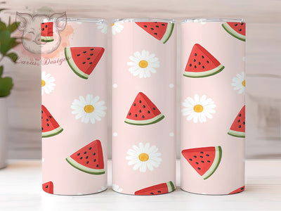 Watermelon Daisy Art 20oz Tumbler, Watermelon Daisy, Floral Pattern, Summer Theme, Vibrant Design, Fruit Motif, Skinny Tumbler, Sublimation PNG Sublimation Lara' s Designs 