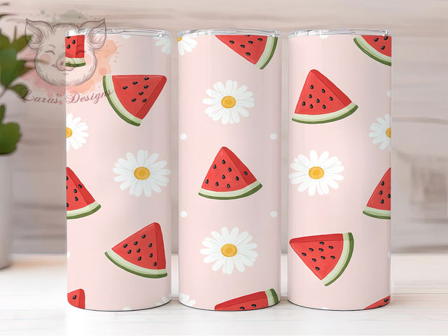 Watermelon Daisy Art 20oz Tumbler, Watermelon Daisy, Floral Pattern, Summer Theme, Vibrant Design, Fruit Motif, Skinny Tumbler, Sublimation PNG Sublimation Lara' s Designs 