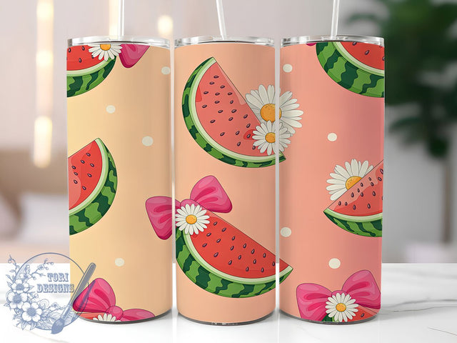Watermelon Daisy Summer Tumbler, Daisy Floral Wrap, Summer Fruit Pattern, Sublimation Cup, 20oz Skinny Tumbler, Bright Drinkware, Fresh Summer Style Sublimation ToriDesigns 