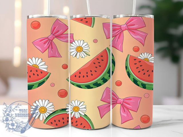 Watermelon Daisy Summer Tumbler, Daisy Floral Wrap, Summer Fruit Pattern, Sublimation Cup, 20oz Skinny Tumbler, Bright Drinkware, Fresh Summer Style Sublimation ToriDesigns 