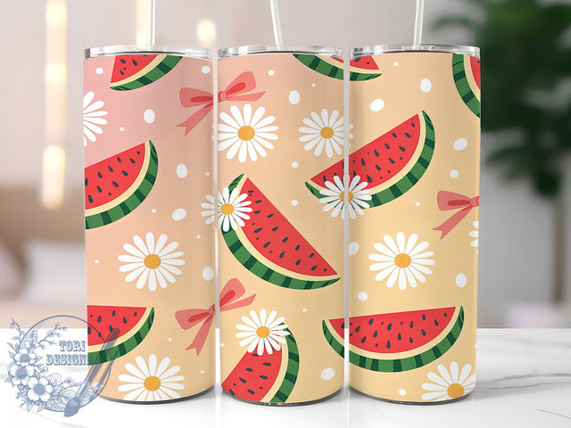 Watermelon Daisy Summer Tumbler, Daisy Floral Wrap, Summer Fruit Pattern, Sublimation Cup, 20oz Skinny Tumbler, Bright Drinkware, Fresh Summer Style Sublimation ToriDesigns 