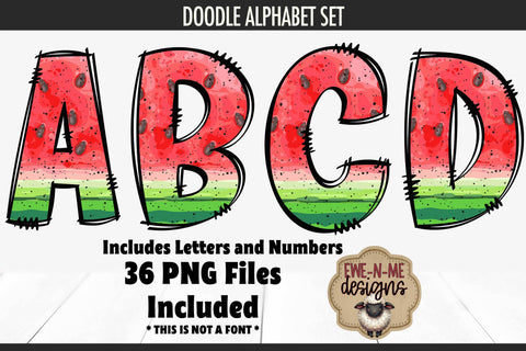 Watermelon Doodle Alphabet and Numbers | Summer Letters PNG Files Sublimation Ewe-N-Me Designs 