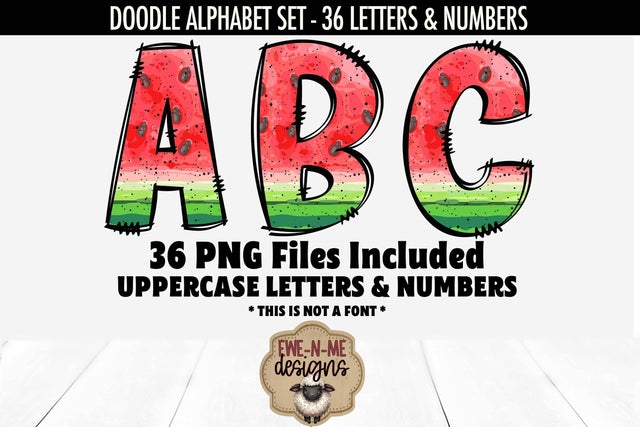 Watermelon Doodle Alphabet and Numbers | Summer Letters PNG Files Sublimation Ewe-N-Me Designs 