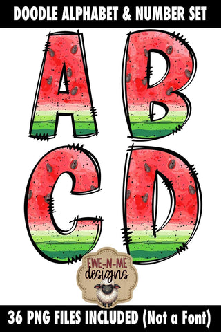 Watermelon Doodle Alphabet and Numbers | Summer Letters PNG Files Sublimation Ewe-N-Me Designs 