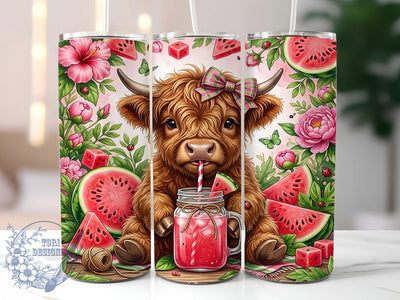 Watermelon Highland Cow 20oz Tumbler, Watermelon highland cow, Highland cow tumbler, 20oz skinny tumbler, Cute cow design, Sublimation tumbler wrap, Watermelon fruit print, Highland cow pattern Sublimation ToriDesigns 