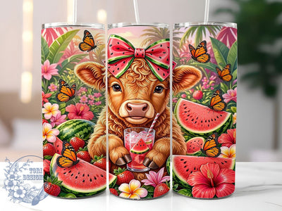 Watermelon Highland Cow Summer 20oz Tumbler, Watermelon Motif, Highland Cow, Summer Accent, Sublimation Wrap, 20oz Tumbler, Rustic Aesthetic, Festive Charm Sublimation ToriDesigns 