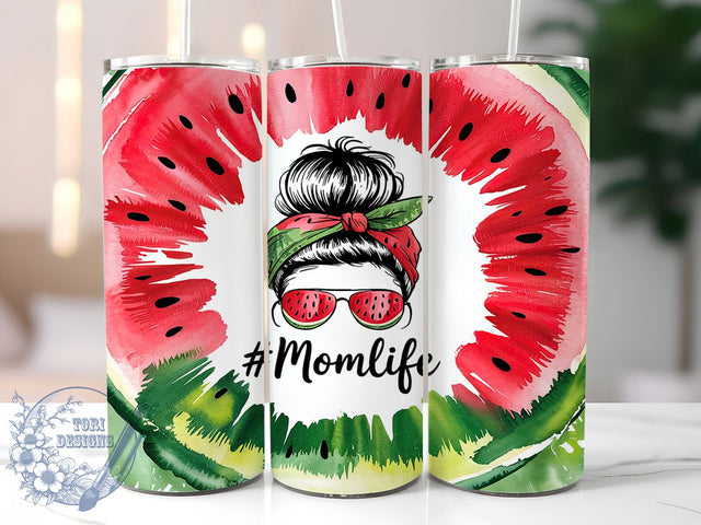 Watermelon Mom Life Tumbler, Summer Fruit Drinkware, Messy Bun Tumbler Wrap, 20Oz Watermelon Cup, Fruit Sublimation Design, Mom Life Gift Idea, Summer Tumbler Wrap Sublimation ToriDesigns 