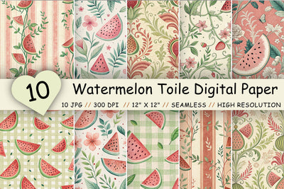 Watermelon Toile Digital Paper Pack, Vintage Floral Toile, Gingham & Stripe Seamless Patterns, Wedding, Scrapbooking & Printable Crafts Digital Pattern FloridPrintables 