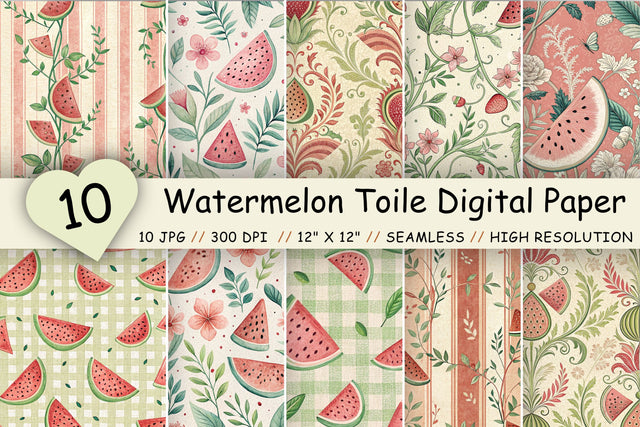 Watermelon Toile Digital Paper Pack, Vintage Floral Toile, Gingham & Stripe Seamless Patterns, Wedding, Scrapbooking & Printable Crafts Digital Pattern FloridPrintables 