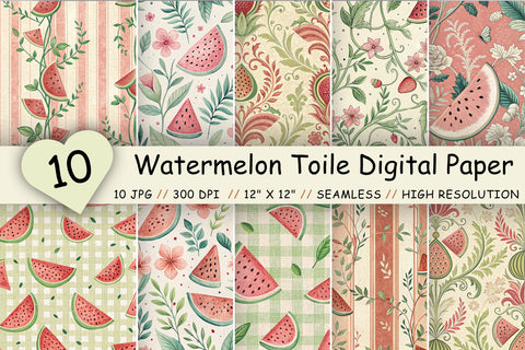 Watermelon Toile Digital Paper Pack, Vintage Floral Toile, Gingham & Stripe Seamless Patterns, Wedding, Scrapbooking & Printable Crafts Digital Pattern FloridPrintables 