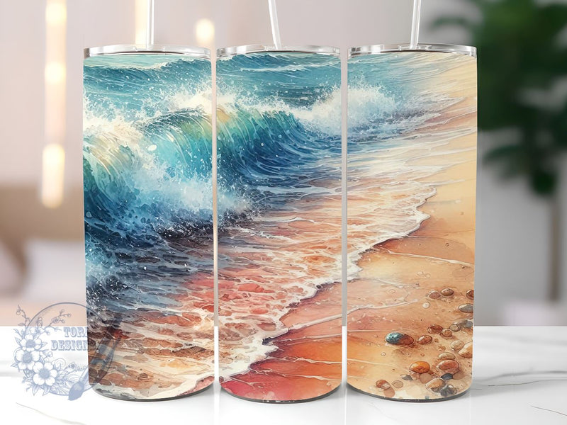 Waves on Beach 20 oz Skinny Tumbler Sublimation Design, Beach Tumbler Png, Straight & Tapered Tumbler Wrap, Instant Digital Download Sublimation ToriDesigns 