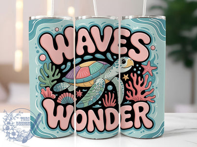 Waves Wonder Turtle 20oz Tumbler, Salty Summer Phrase, Waves Wonder Quote, Stylized Sea Turtle, Tropical Coastal Theme, Sublimation Tumbler Wrap, 20oz Tumbler Sublimation ToriDesigns 
