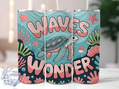 Waves Wonder Turtle 20oz Tumbler, Salty Summer Phrase, Waves Wonder Quote, Stylized Sea Turtle, Tropical Coastal Theme, Sublimation Tumbler Wrap, 20oz Tumbler Sublimation ToriDesigns 