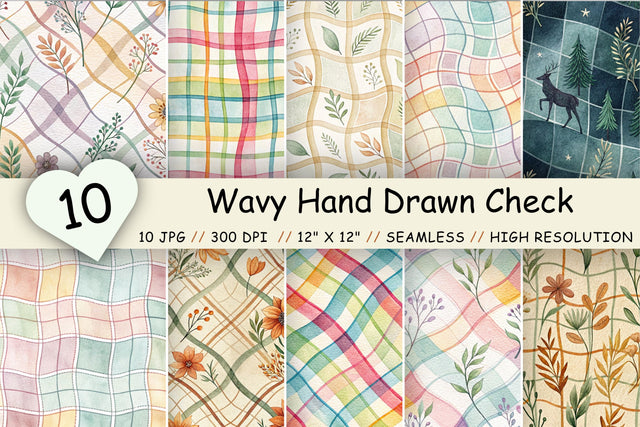 Wavy Hand Drawn Check Digital Paper, Seamless Watercolor Pattern Bundle, Printable Scrapbook Paper, Playful Organic Design Collection Digital Pattern FloridPrintables 