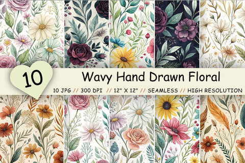 Wavy Hand Drawn Floral Digital Paper, Seamless Watercolor Pattern Bundle, Printable Scrapbook Paper, Playful Organic Design Collection Digital Pattern FloridPrintables 