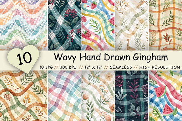 Wavy Hand Drawn Gingham Digital Paper, Seamless Watercolor Pattern Bundle, Printable Scrapbook Paper, Playful Organic Design Collection Digital Pattern FloridPrintables 