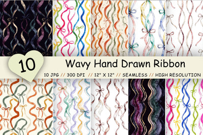 Wavy Hand Drawn Ribbon Digital Paper, Seamless Watercolor Pattern Bundle, Printable Scrapbook Paper, Playful Coquette Design Collection Digital Pattern FloridPrintables 