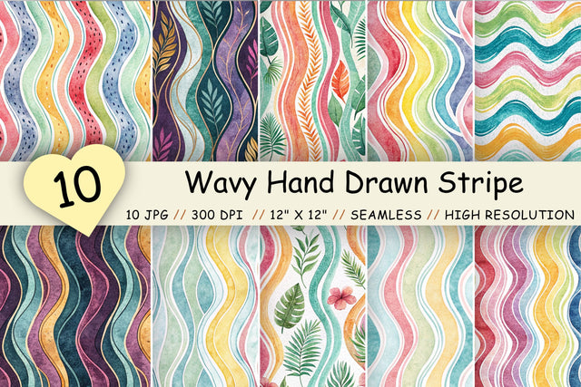 Wavy Hand Drawn Stripe Digital Paper, Seamless Bright Summer Pattern Bundle, Printable Scrapbook Paper, Rainbow Vivid Design Collection Digital Pattern FloridPrintables 
