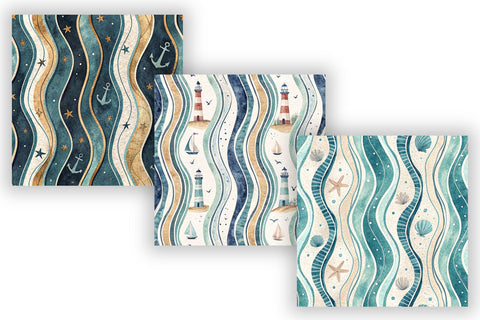 Wavy Hand Drawn Stripe Digital Paper, Seamless Coastal Nautical Pattern Bundle, Printable Scrapbook Paper, Navy Blue Ocean Design Collection Digital Pattern FloridPrintables 