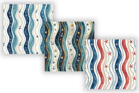 Wavy Hand Drawn Stripe Digital Paper, Seamless Coastal Nautical Pattern Bundle, Printable Scrapbook Paper, Navy Blue Ocean Design Collection Digital Pattern FloridPrintables 