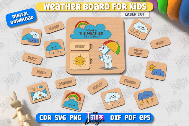Weather Board for Kids Laser Cut | Weather and Its Phenomena | Weather Tokens | CNC File SVG The T Store Design 