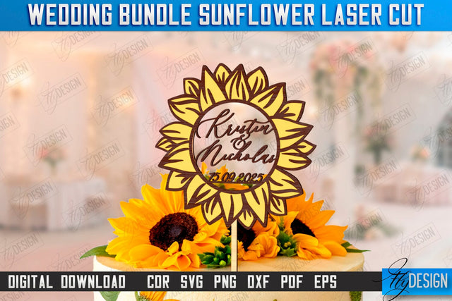 Wedding Cake Topper Laser Cut Design,Wedding Sunflower Decor SVG Fly Design 