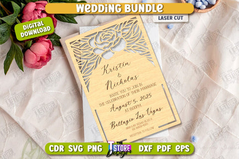 Wedding Decor Bundle Laser Cut, MR&MRS Photo Frame, Invitations, Wedding Guest Book SVG, Table Numbers, Wedding Ring Box SVG The T Store Design 