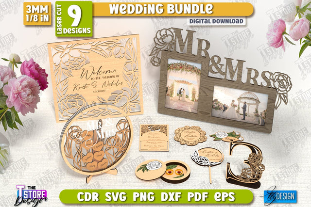 Wedding Decor Bundle Laser Cut, MR&MRS Photo Frame, Invitations, Wedding Guest Book SVG, Table Numbers, Wedding Ring Box SVG The T Store Design 