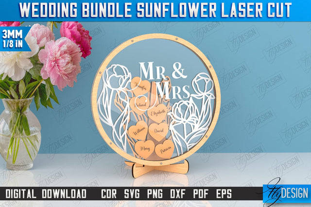 Wedding Guest Book Laser Cut Design, Wedding Sunflower Decor SVG Fly Design 