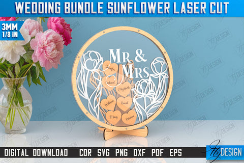 Wedding Guest Book Laser Cut Design, Wedding Sunflower Decor SVG Fly Design 