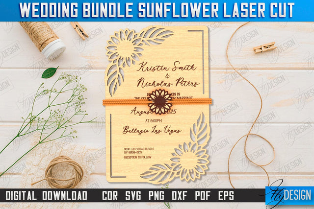 Wedding Invitation Laser Cut Design, Wedding Sunflower Decor SVG Fly Design 