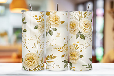 Wedding Invitation Rose Seamless Tumbler Wrap, Ivory Roses with Foil Stamping Sublimation FloridPrintables 