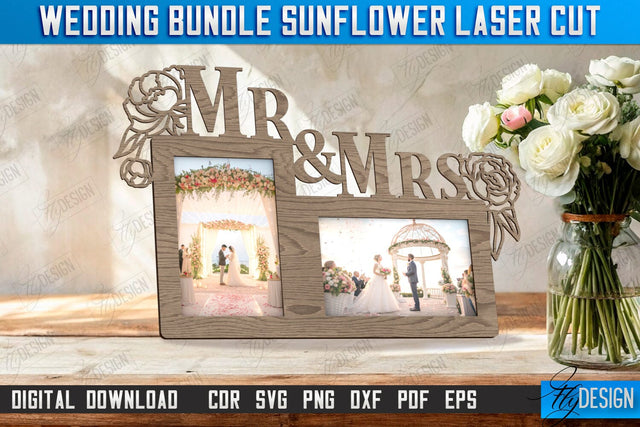 Wedding Photo Frame Laser Cut, Wedding Sunflower Decor SVG Fly Design 