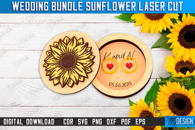 Wedding Ring Box Laser Cut Design, Wedding Sunflower Decor SVG Fly Design 