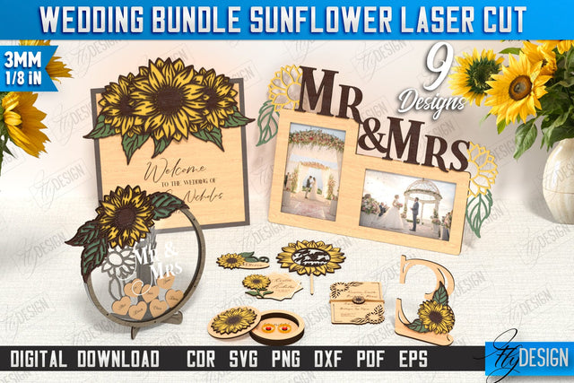 Wedding Sunflower Decor Bundle Laser Cut, MR&MRS Photo Frame, Invitations, Wedding Guest Book SVG, Table Numbers, Wedding Ring Box SVG Fly Design 