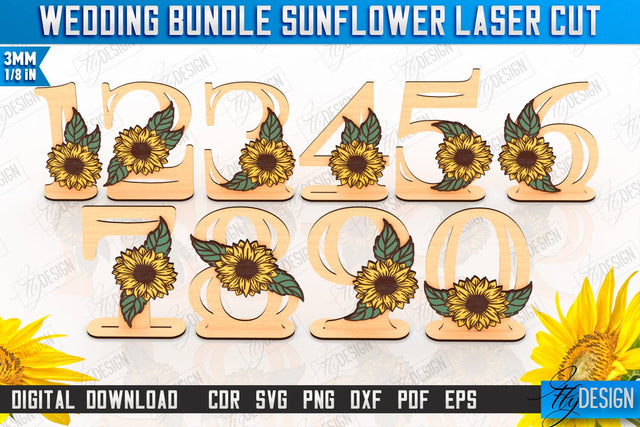Wedding Table Numbers Laser Cut, Wedding Sunflower Decor SVG Fly Design 
