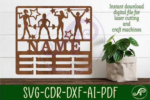 Weight lifting female medal holder Name svg laser cut SVG APInspireddesigns 